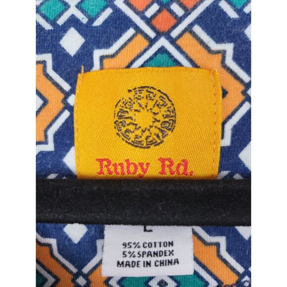 Ruby Rd Top L Womens Multicolor Crew Neck 1/2 Roll Tab Sleeve Geometric Pullover - Picture 6 of 9